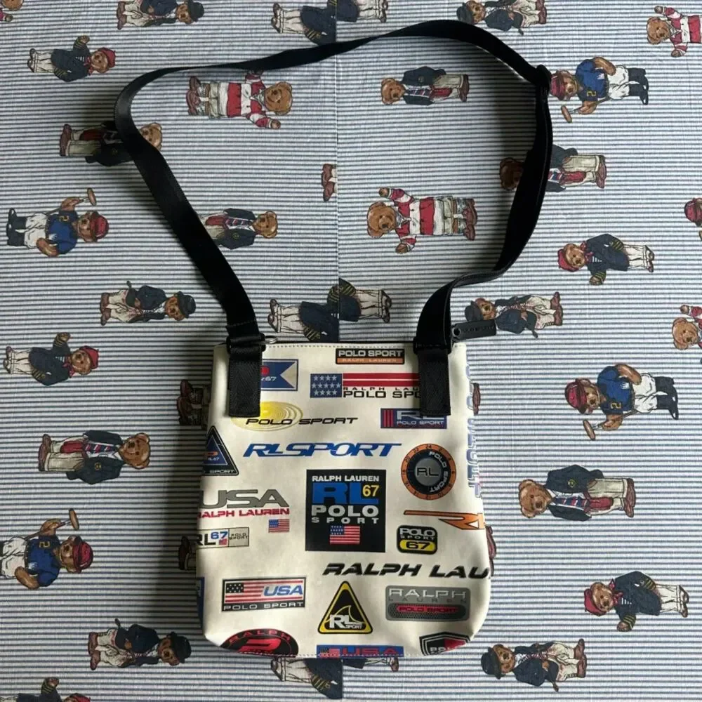 Vintage Polo Sport Ralph Lauren All Over Print Polo Logos Shoulder Satchel Bag